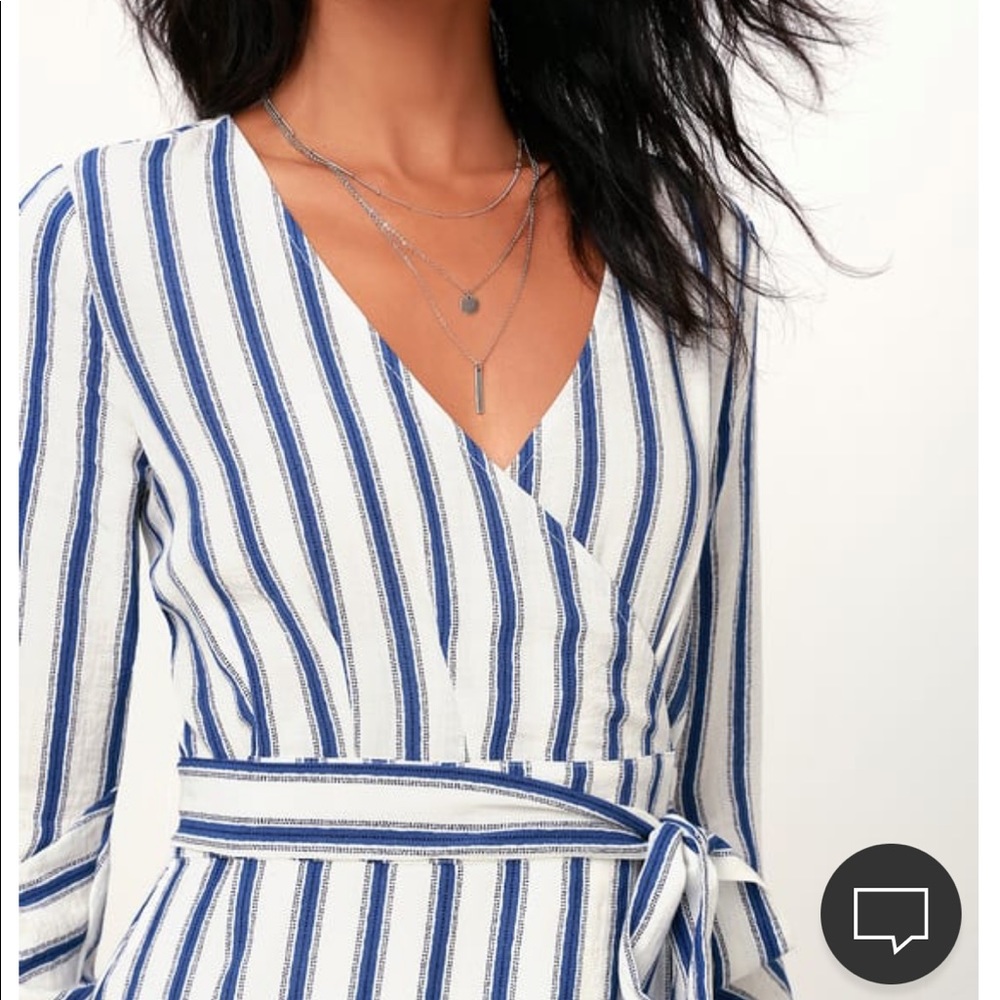 Moon River Rosso Blue and White Striped Flounce Sleeve Wrap Midi Dress